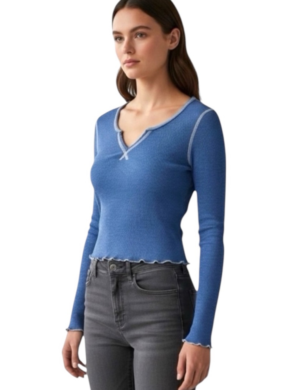 American Eagle Blue Ribbed Crop Thermal Top XS Y2K Long Sleeve